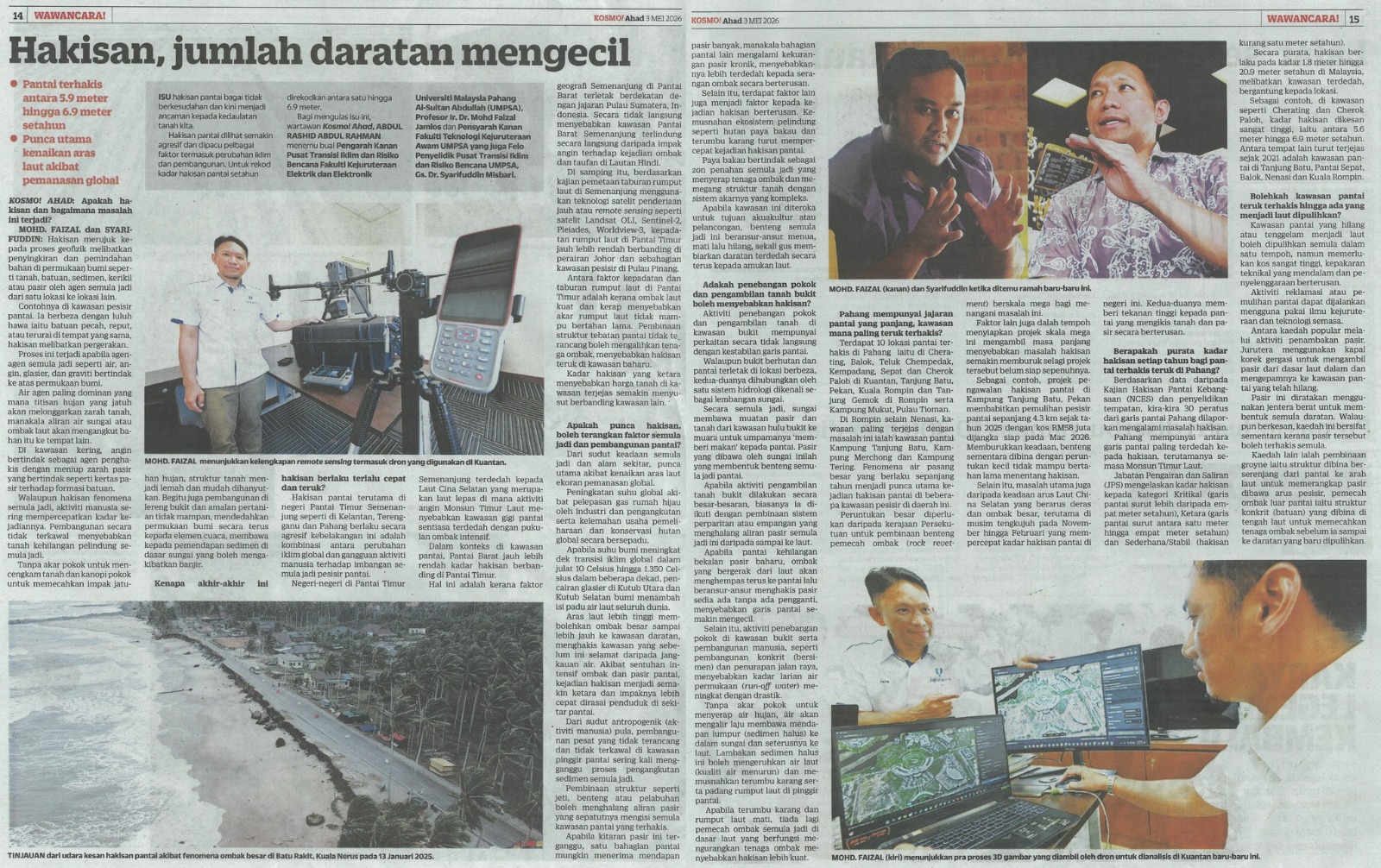 Keratan Akhbar Kosmo : Hakisan, jumlah daratan mengecil (Profesor Ir. Dr. Mohd Faizal Jamlos)